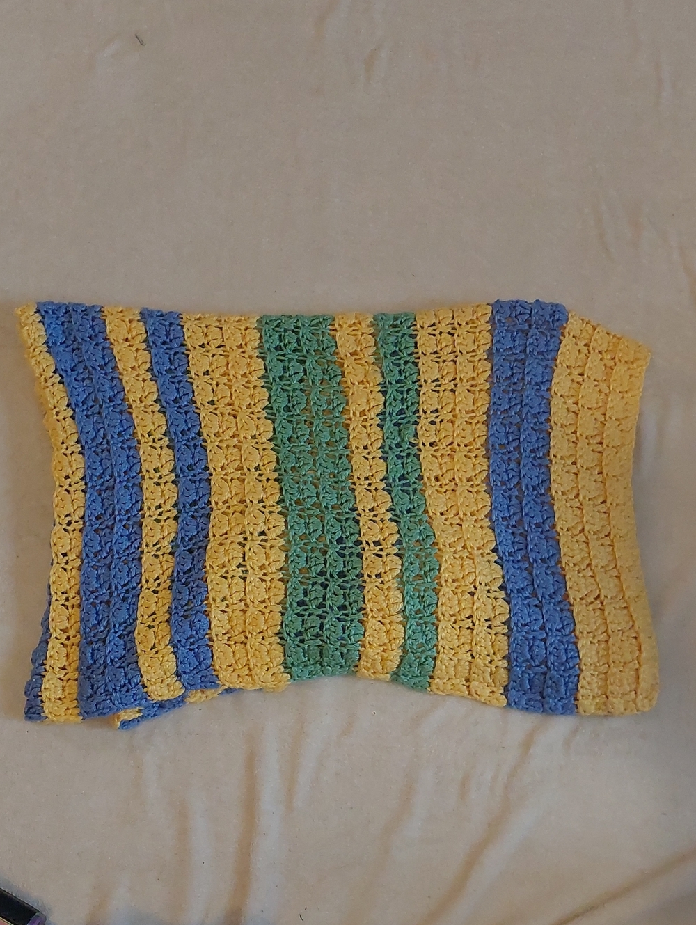 Handmade Striped Crochet Blanket in Yellow, Blue, and Green